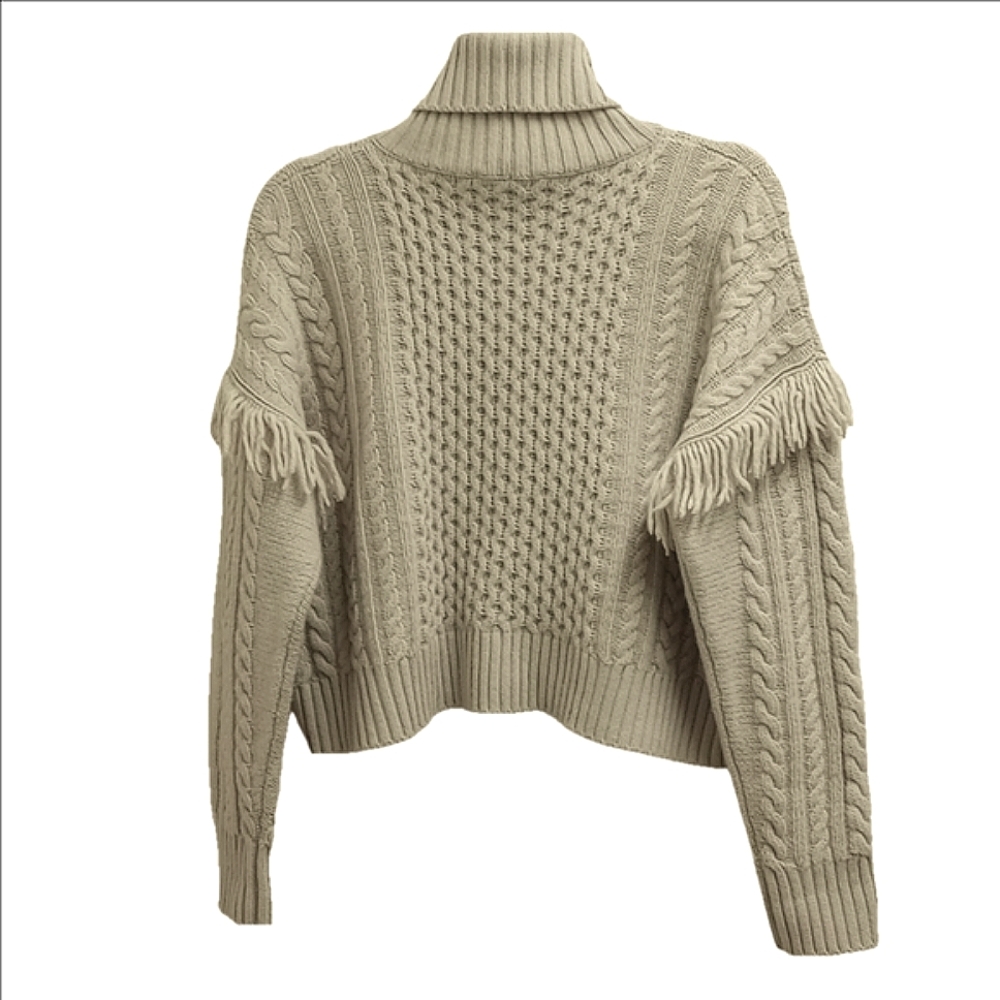 🆕 MAXMARA WEEKEND "LODOLA" BEIGE VIRGIN WOOL CABLE FRINGE TURTLENECK - Picture 6 of 12